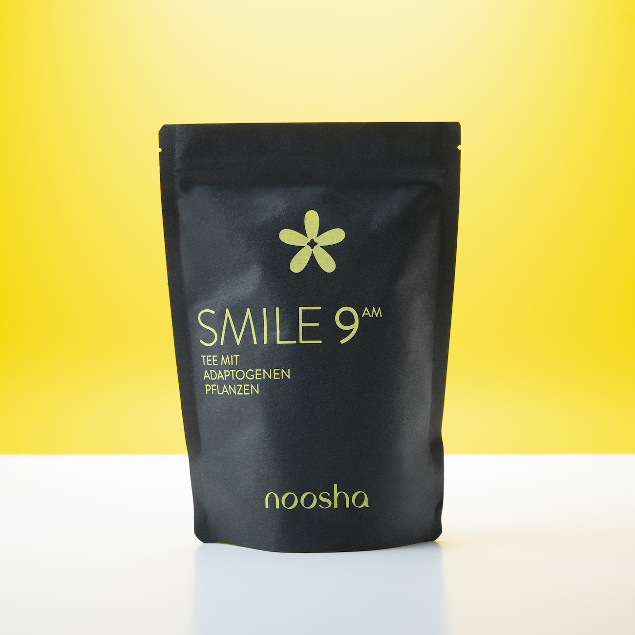 Packaging of SMILE 9AM tea made by noosha